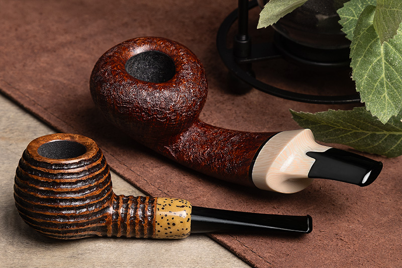 Luiz Lavos beehive-carved pipe and smooth bulbous pipe with cream and black stems