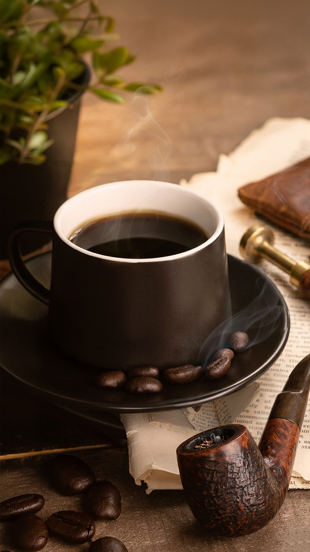 A steaming cup of coffee with beans on a saucer beside a briar pipe