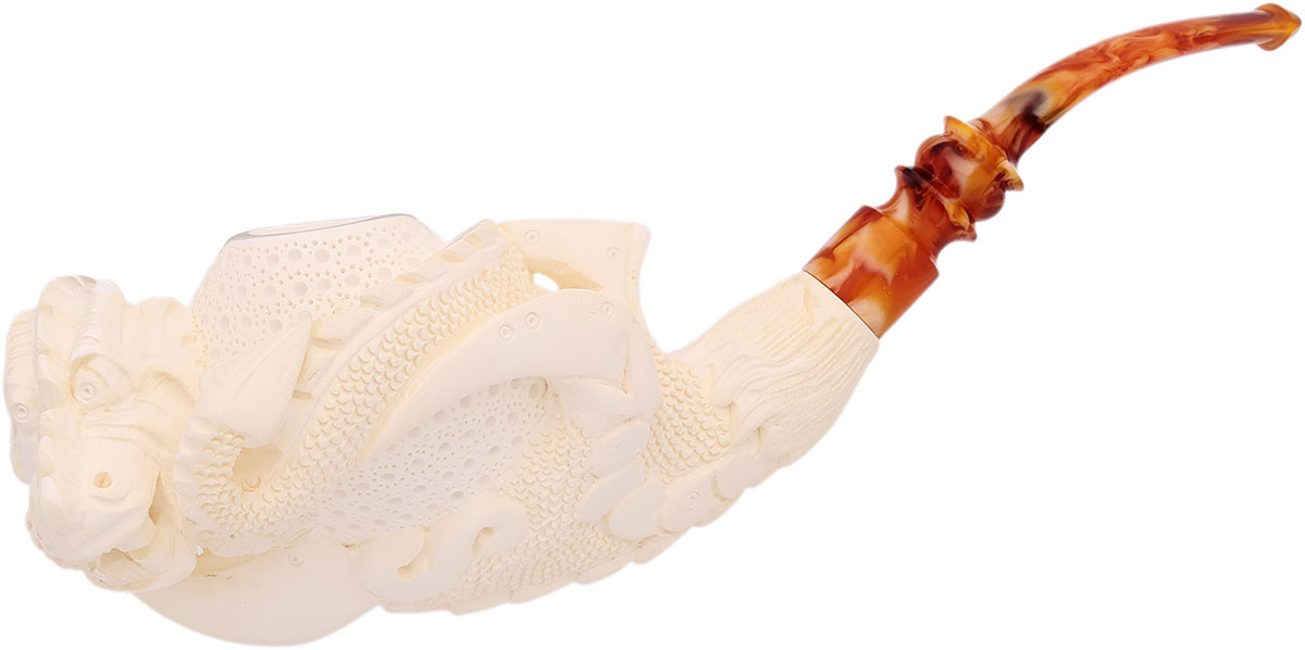 AKB Meerschaum Carved Dragon Claw Holding Lattice Egg and Dragon (with Case)